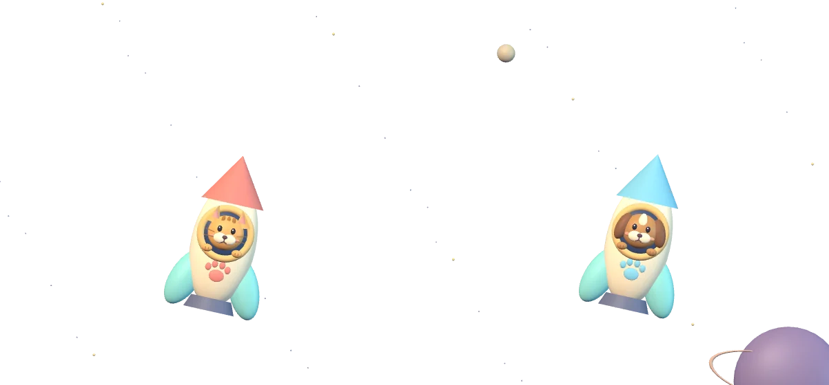 Illustrated cat and dog preparing for a playful rocket ride