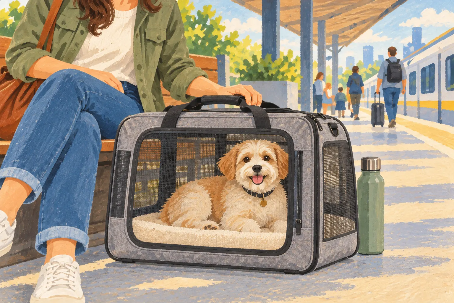 Concept illustration of a small dog resting in a travel carrier beside its owner