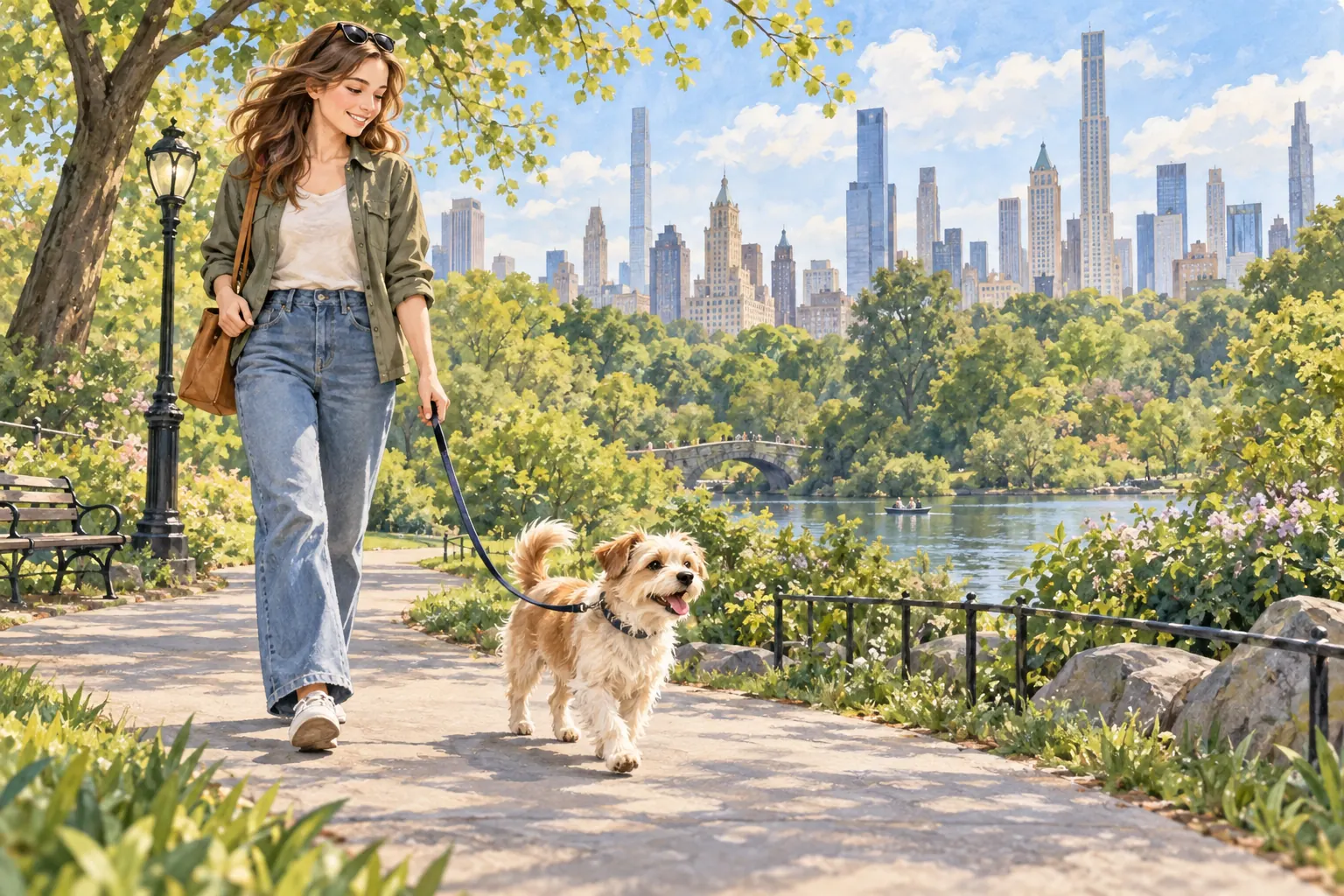 Concept illustration of an owner and leashed dog on a leafy city park path