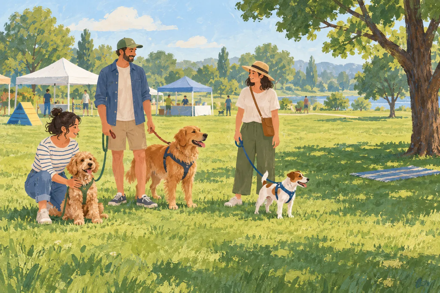 Concept illustration of owners with leashed dogs at a relaxed outdoor pet festival