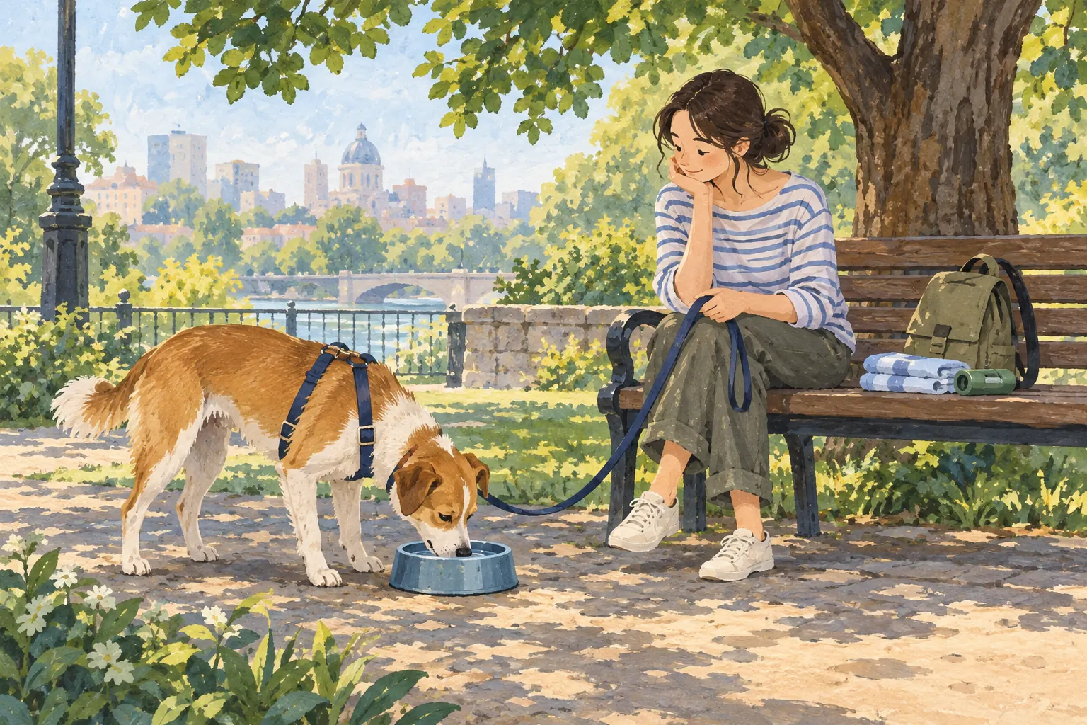 Concept illustration of a leashed dog taking a quiet water break with its owner