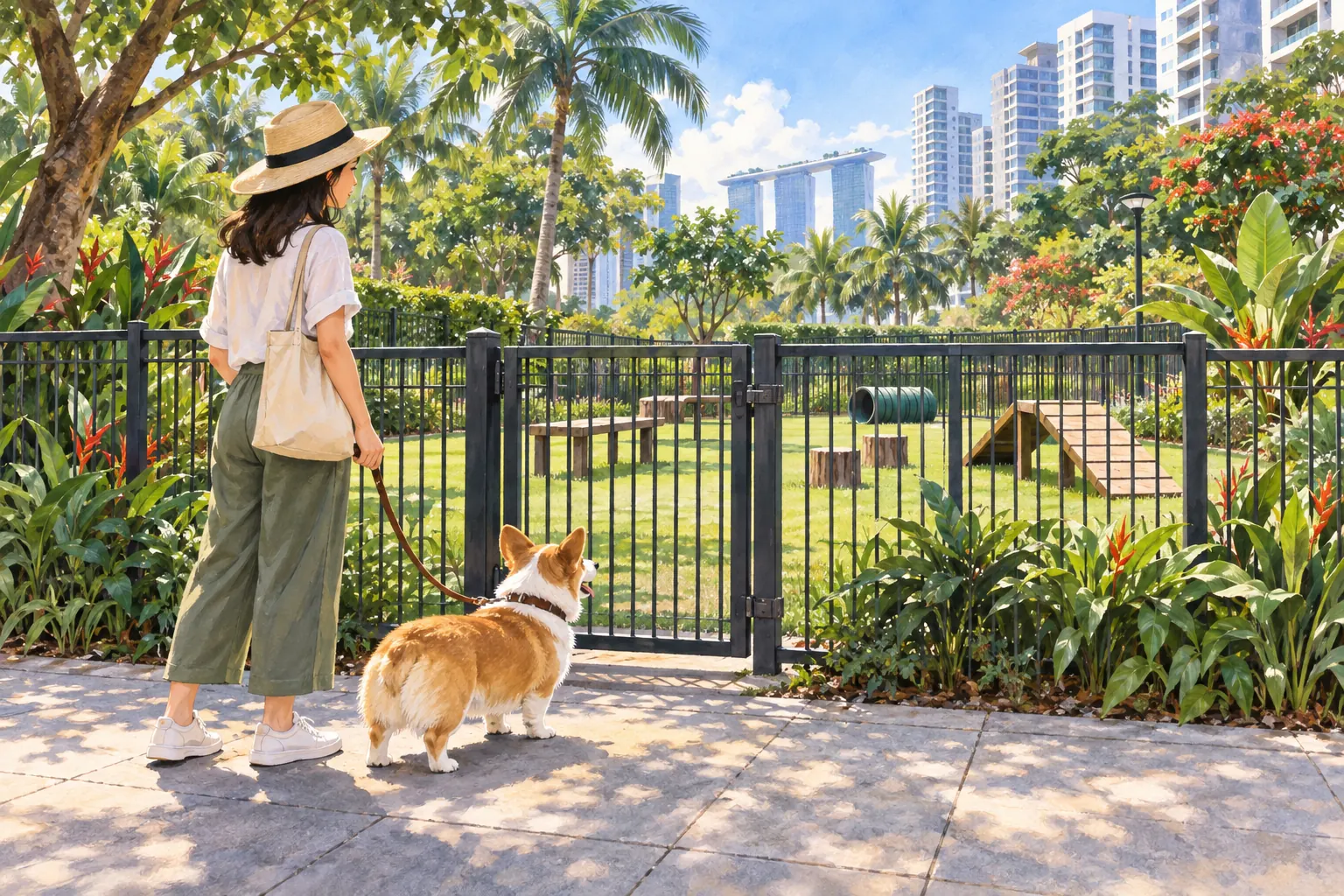 Concept illustration of a leashed corgi and owner outside the closed gate of a tropical dog run inspired by Singapore