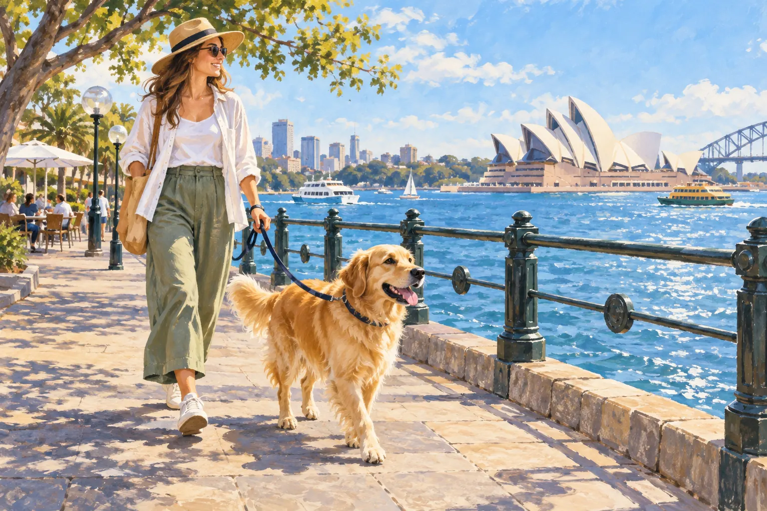 Concept illustration of a dog on a leash beside its owner on a Sydney-inspired waterfront walk
