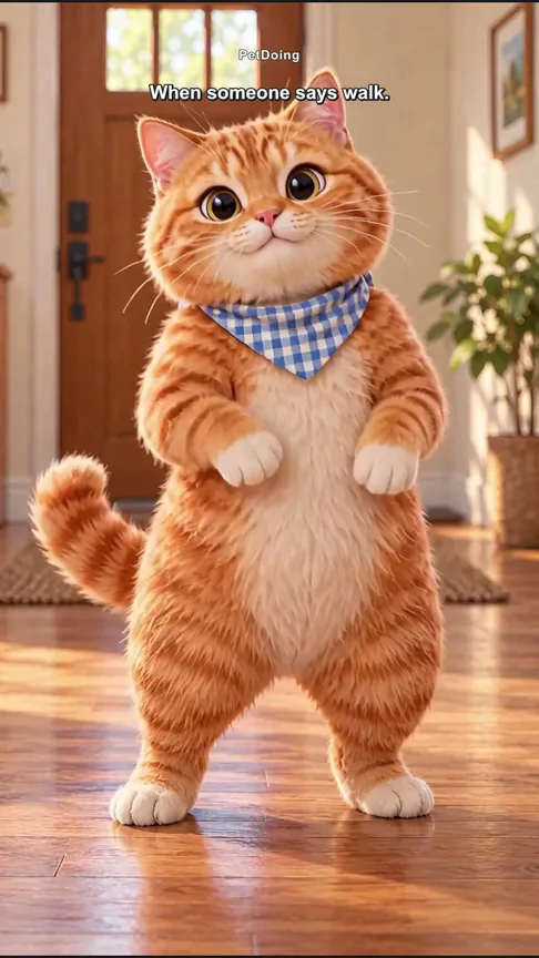 An original fictional orange cat character in a blue and white bandana