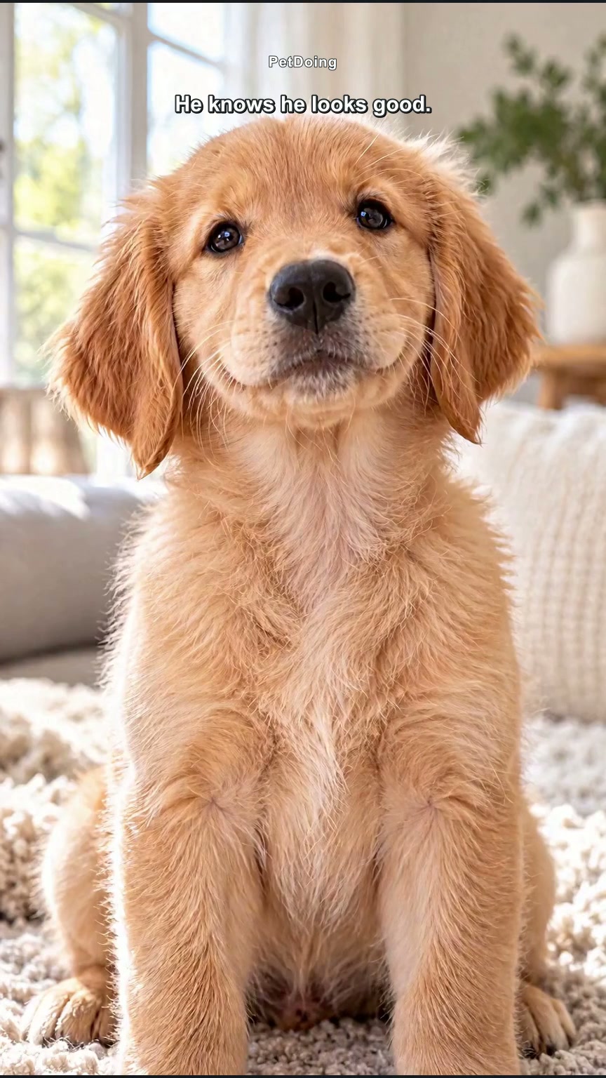 An original golden puppy character in a softly lit room